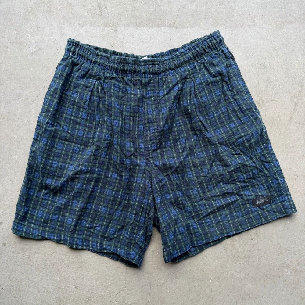Vintage Jimmy’Z Mens L Plaid Shorts Cotton Green Blue Plaid Drawstring 80s 90s